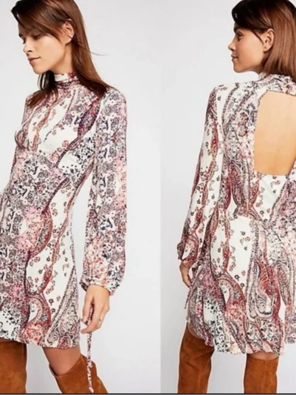 Free‎ People All Dolled Up Dress Pink Ivory Paisley Boho Festival Open Back Mini